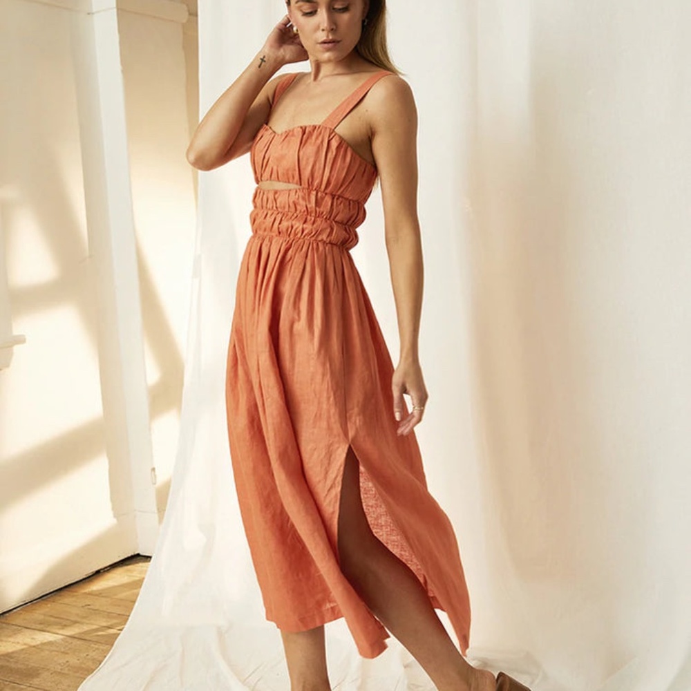 Mon Renn Papaya Linen Midi Dress Cutout Smocked Strappy Slit Size 8